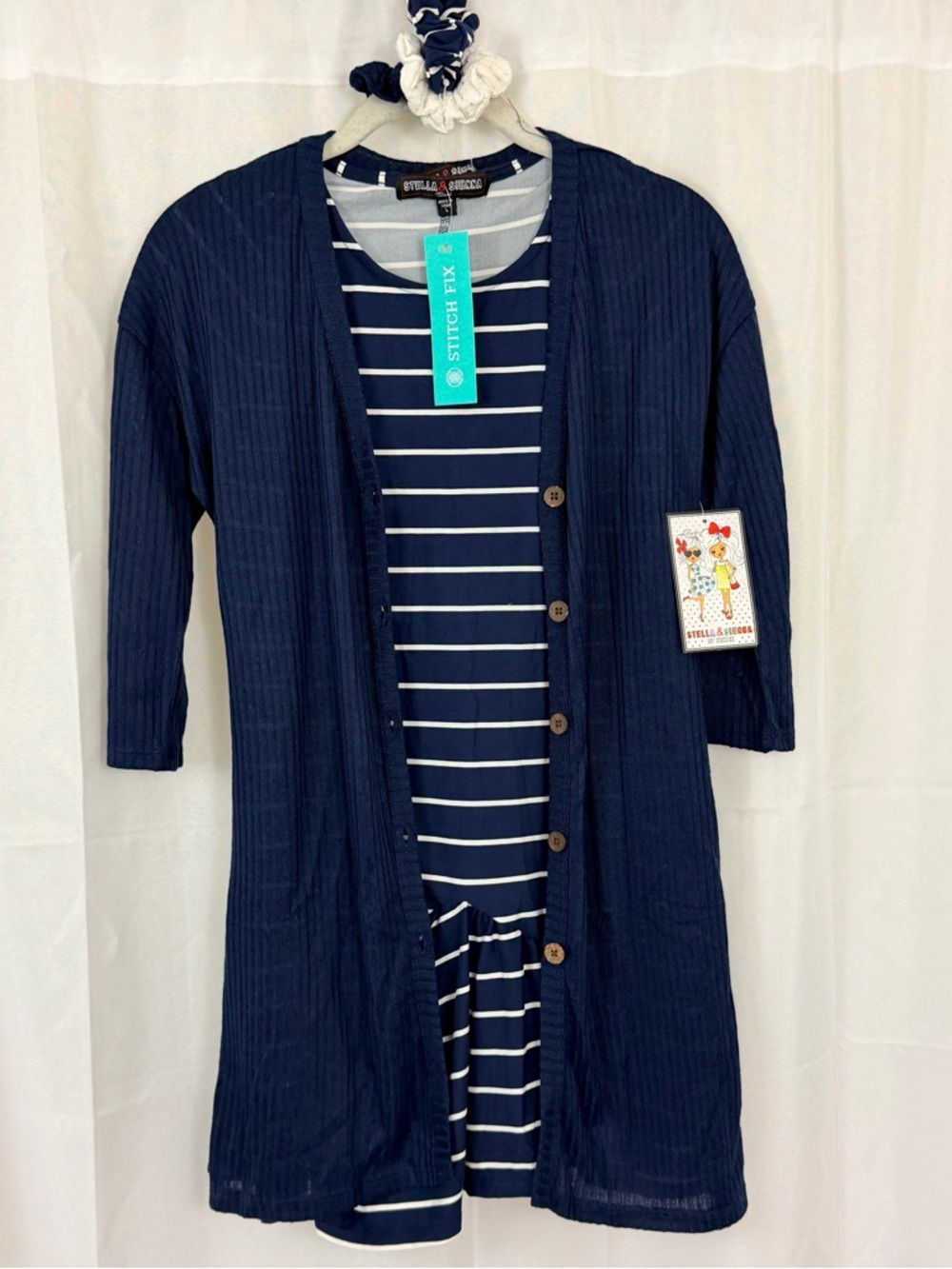 Navy Striped Girls' Short Sleeve T-Shirt Dress with Navy Cardigan & Scrunchies L